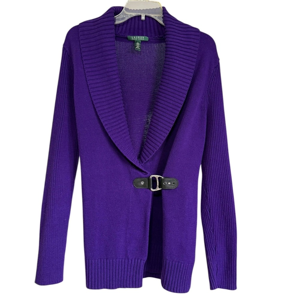 Lauren Ralph Lauren Purple Shawl Collar Buckle Cardigan Sweater Large